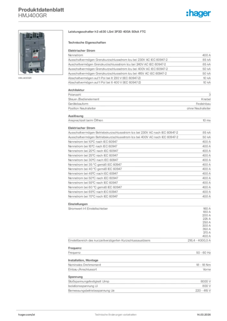 Bild Hager Produktdatenblatt HMJ400GR | Hager Deutschland