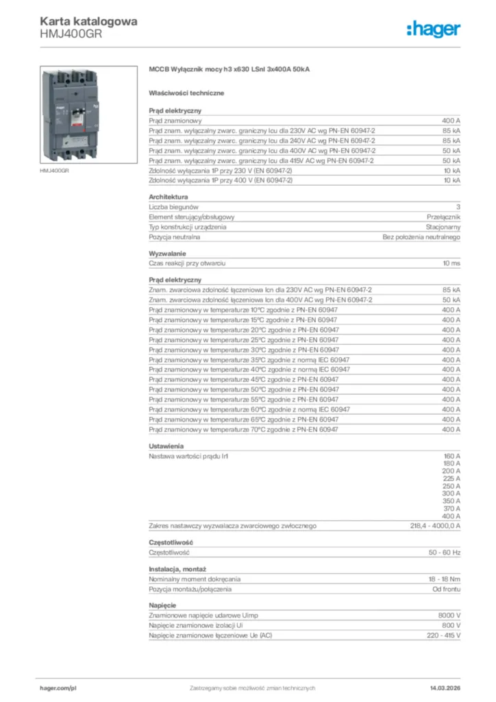 Zdjęcie Hager Karta katalogowa HMJ400GR | Hager Polska