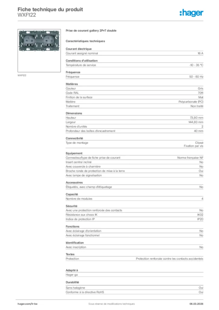 Image Hager Fiche technique du produit WXF122 | Hager Belgique