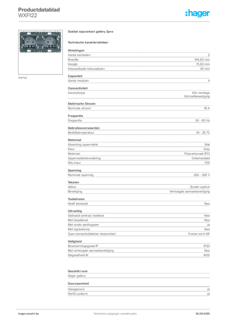Afbeelding Hager Productdatablad WXF122 | Hager Belgium