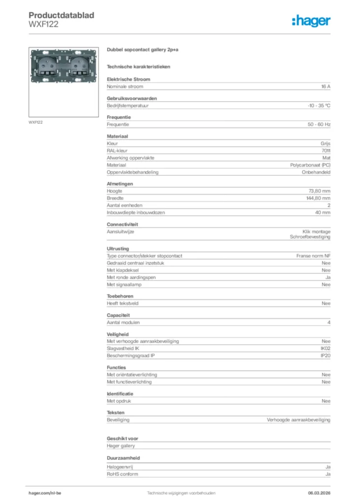 Afbeelding Hager Productdatablad WXF122 | Hager Belgium