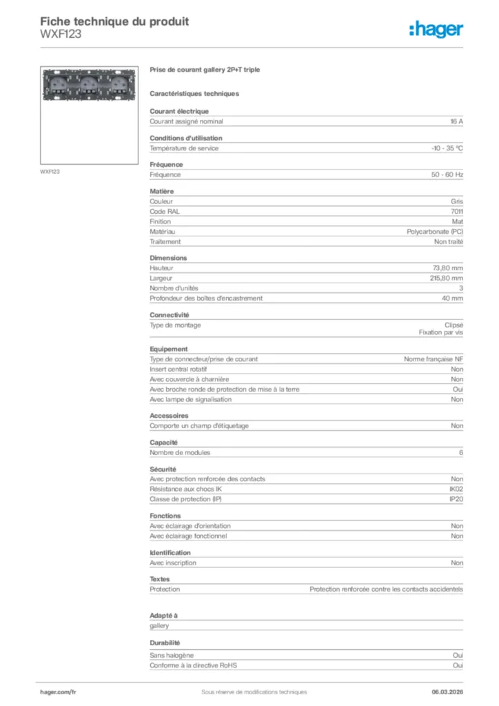 Image Hager Fiche technique du produit WXF123 | Hager France