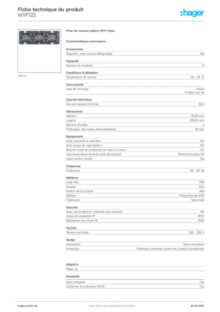 Image Hager Fiche technique du produit WXF123 | Hager Belgique