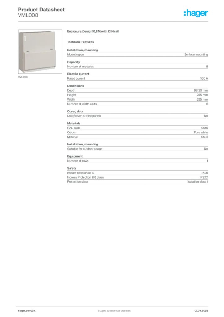 Image Hager Product data sheet VML008  | Hager
