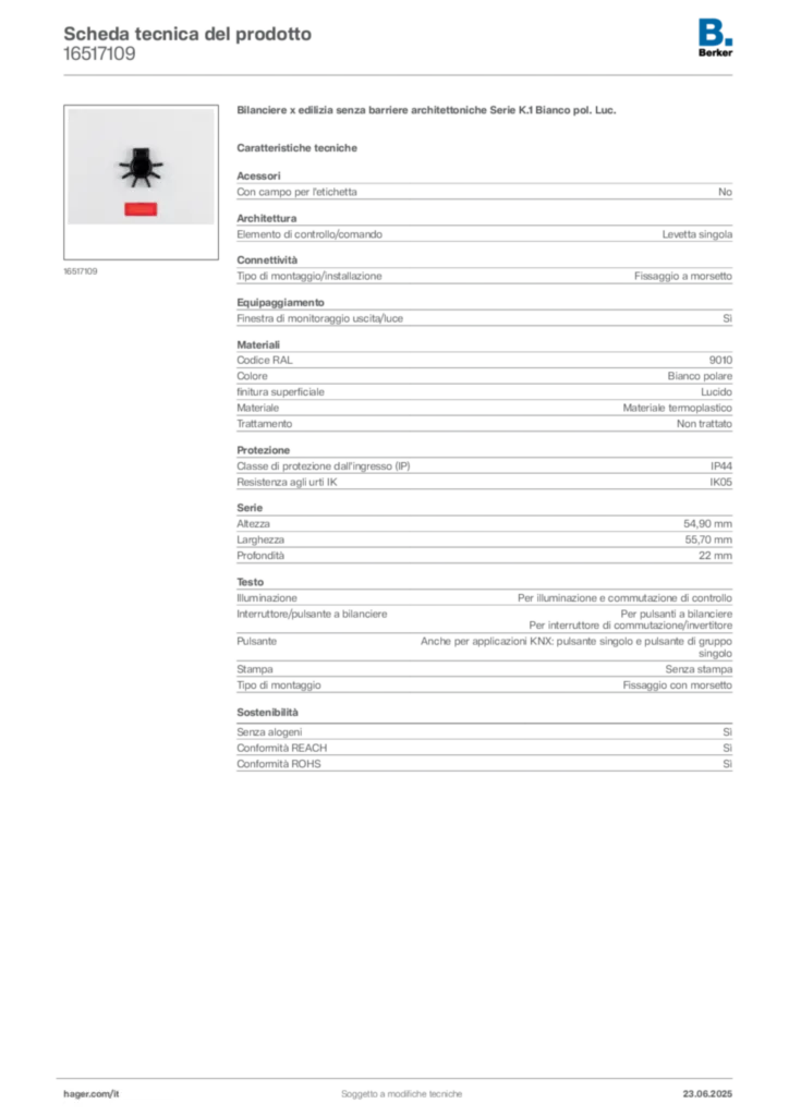 Immagine Berker Scheda tecnica del prodotto 16517109 | Hager Italia