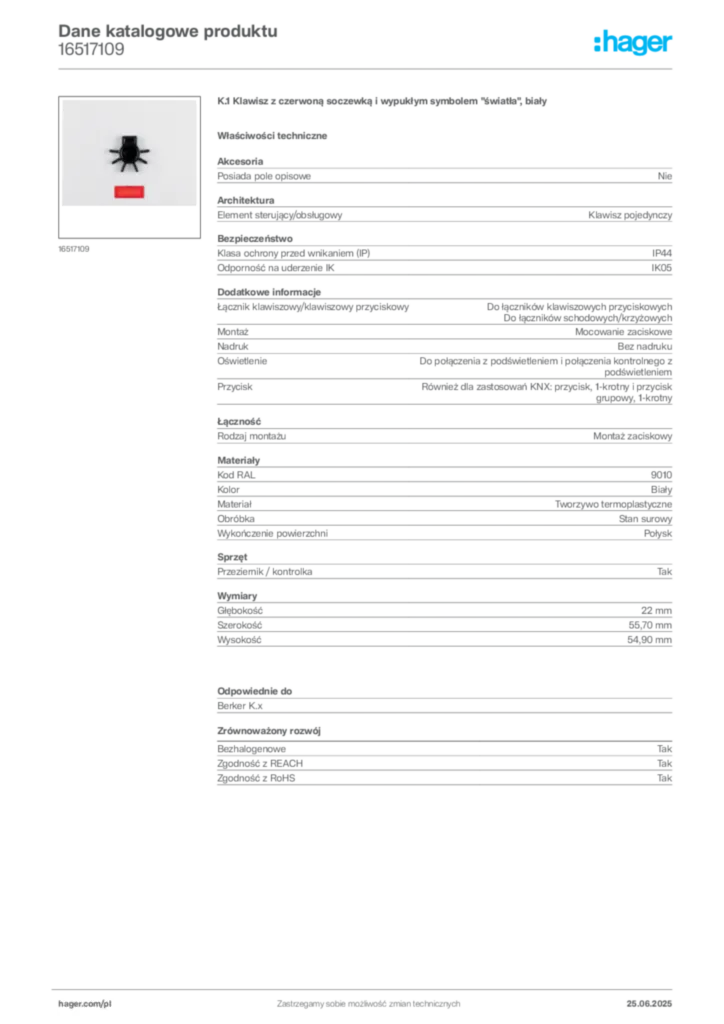 Zdjęcie Hager Karta katalogowa 16517109 | Hager Polska