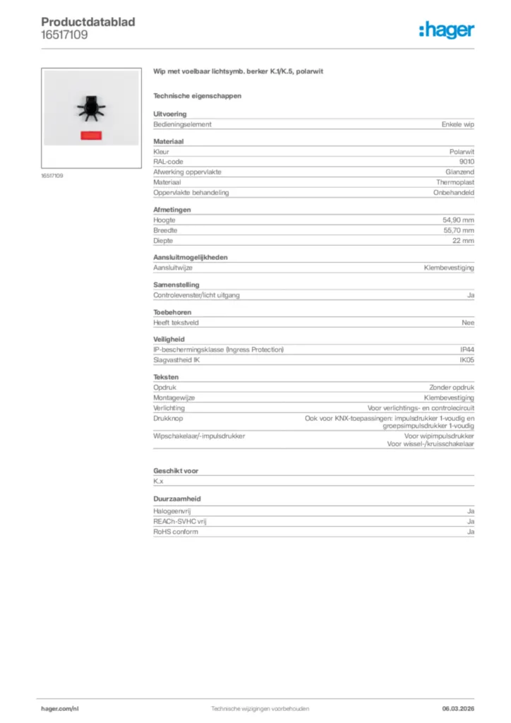 Afbeelding Hager Productdatablad 16517109 | Hager Nederland