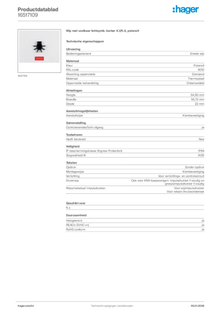 Afbeelding Hager Productdatablad 16517109 | Hager Nederland