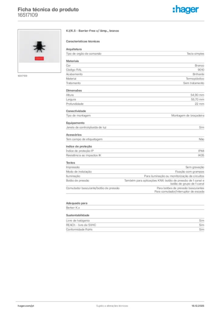 Imagem Hager Ficha técnica do produto 16517109 | Hager Portugal