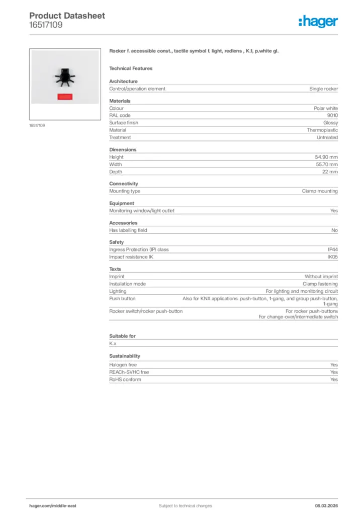 Image Hager Product data sheet 16517109  | Hager