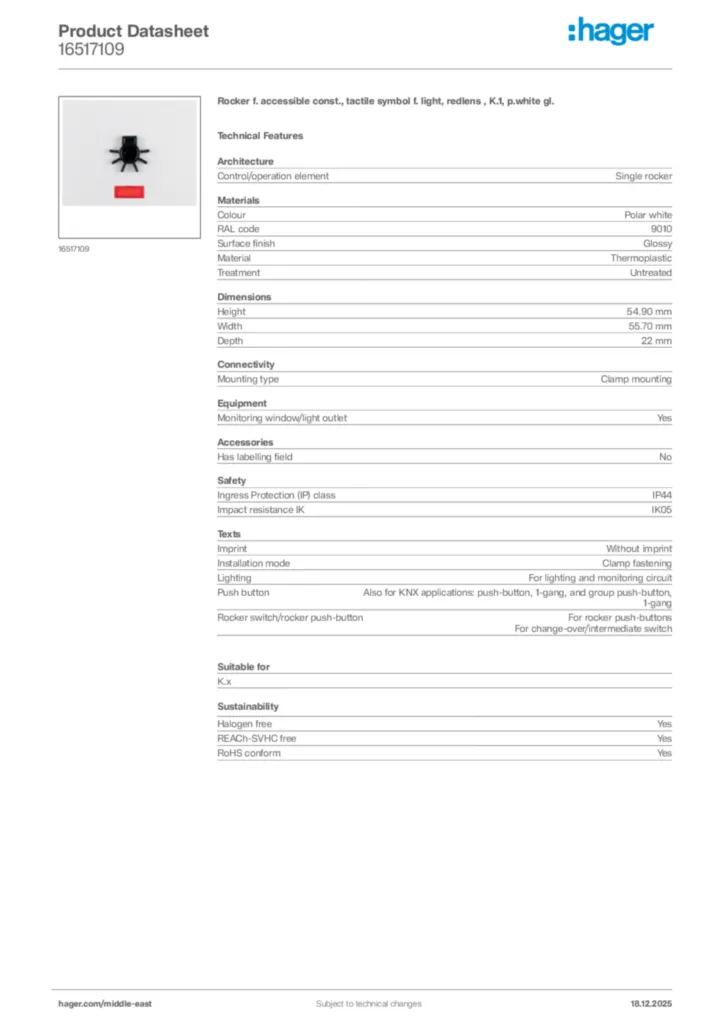 Image Hager Product data sheet 16517109  | Hager