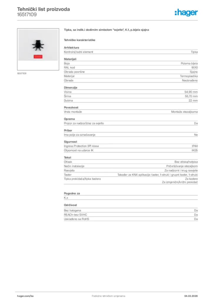 Slika Hager Tehnički list proizvoda 16517109  | Hager