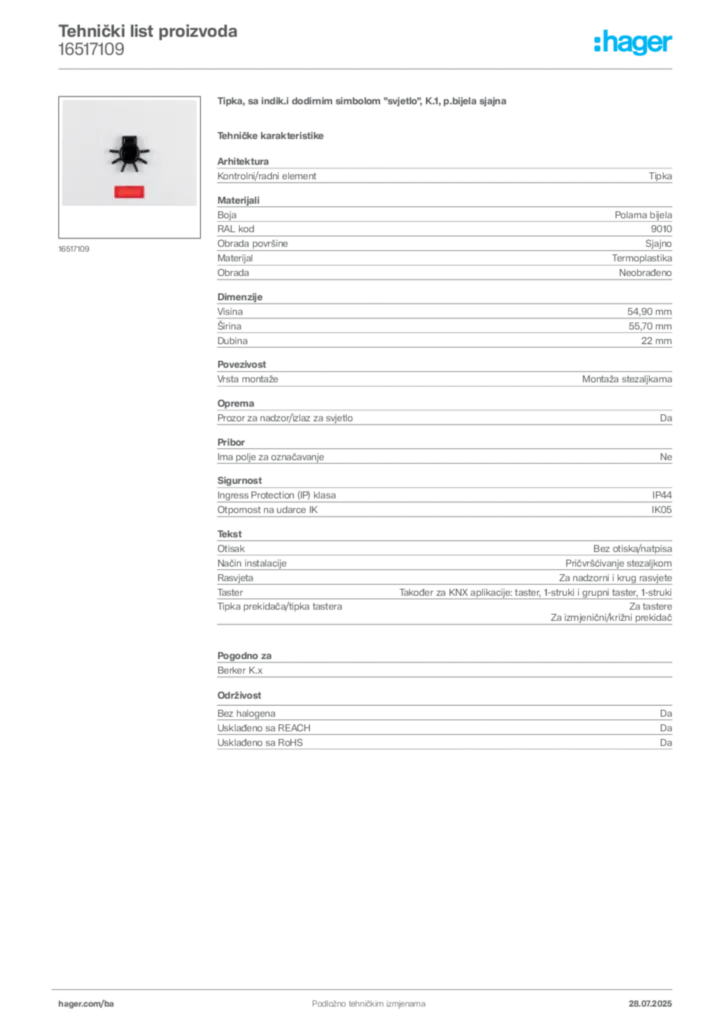 Slika Hager Product data sheet 16517109  | Hager