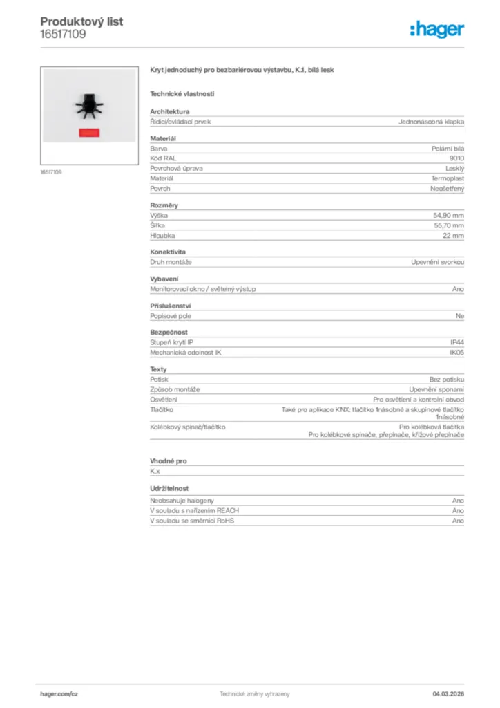 Obrázek Hager Product data sheet 16517109 | Hager