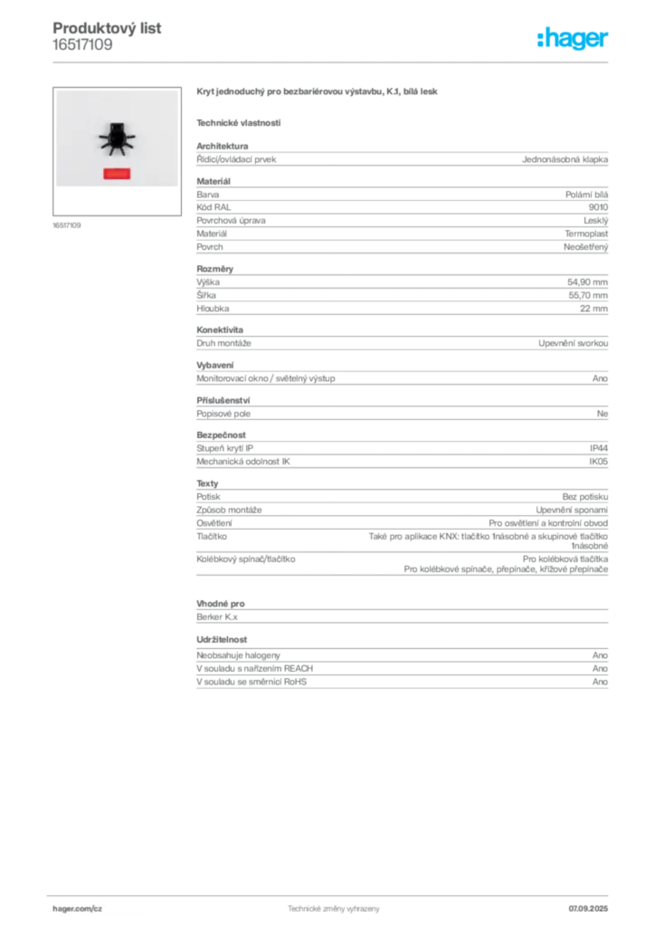 Obrázek Hager Produktový list 16517109 | Hager