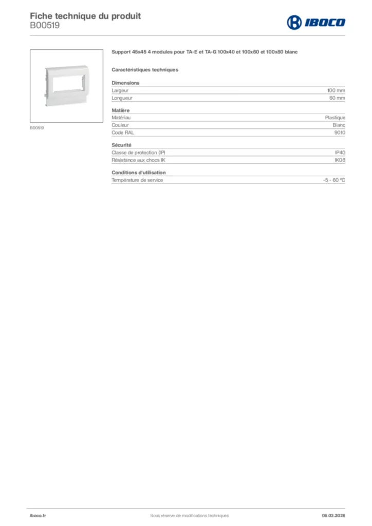Image Iboco Fiche technique du produit B00519 | Hager France