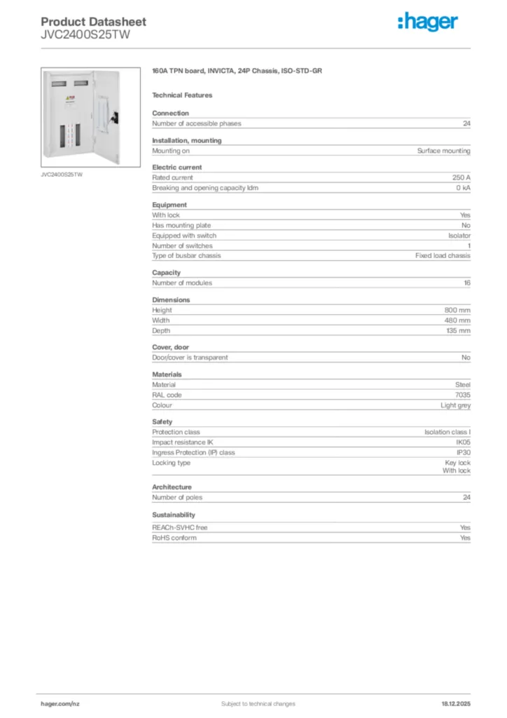 Image Hager Product data sheet JVC2400S25TW  | Hager New Zealand