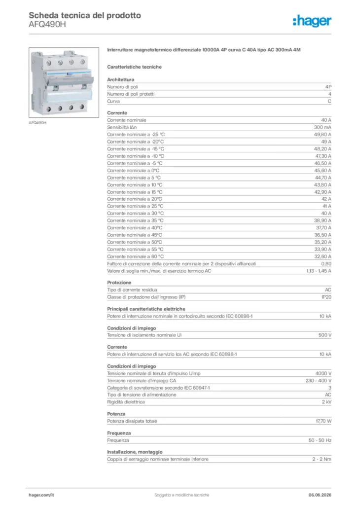 Immagine Hager Scheda tecnica del prodotto AFQ490H | Hager Italia
