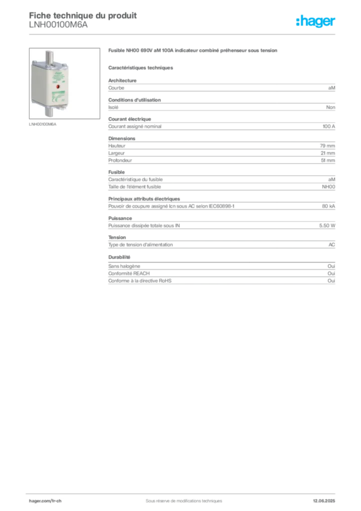 Image Hager Fiche technique du produit LNH00100M6A | Hager Suisse