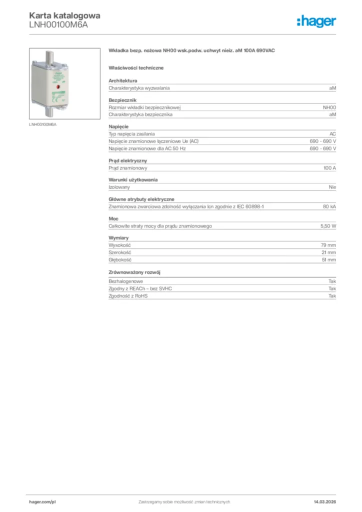 Zdjęcie Hager Karta katalogowa LNH00100M6A | Hager Polska