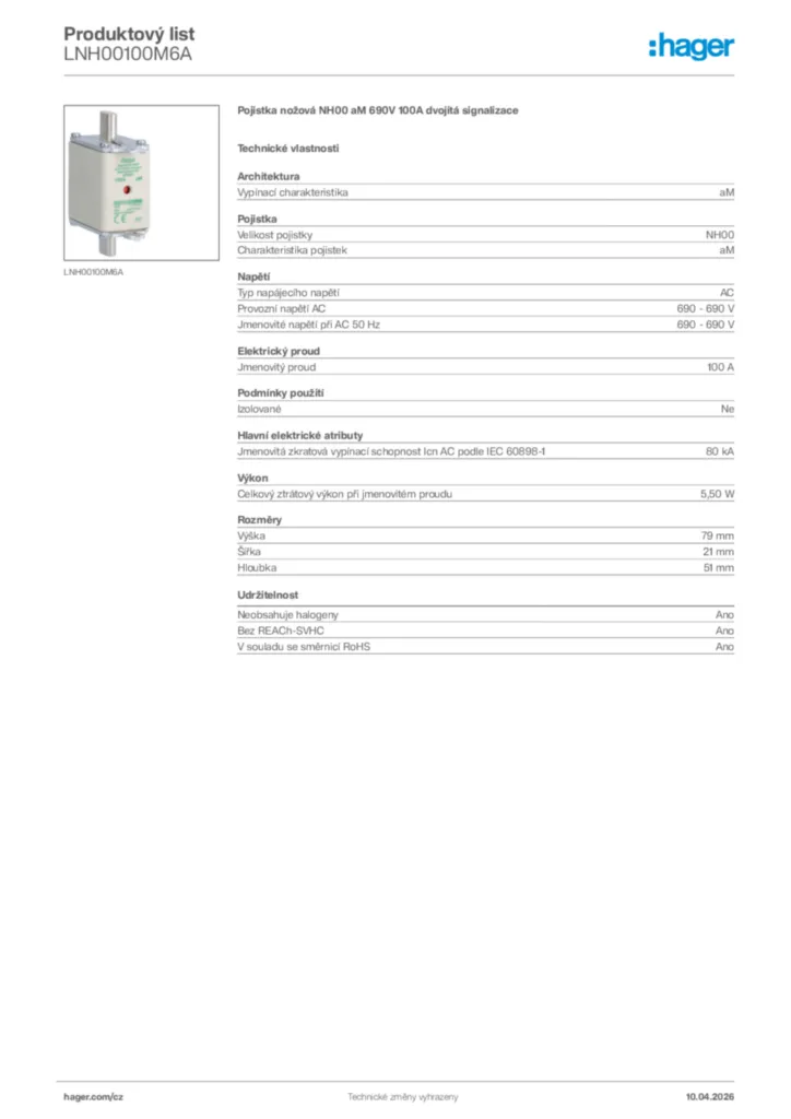 Obrázek Hager Product data sheet LNH00100M6A | Hager