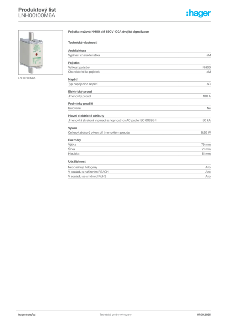 Obrázek Hager Produktový list LNH00100M6A | Hager
