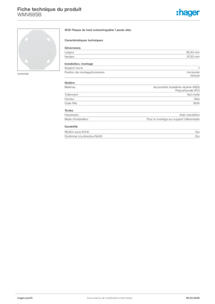 Image Hager Fiche technique du produit WMV685B | Hager France