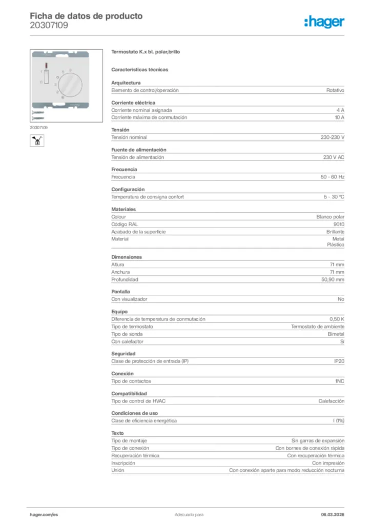 Imagen Hager Ficha de datos de producto 20307109 | Hager España