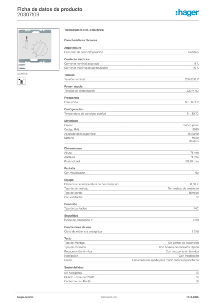 Imagen Hager Ficha de datos de producto 20307109 | Hager España