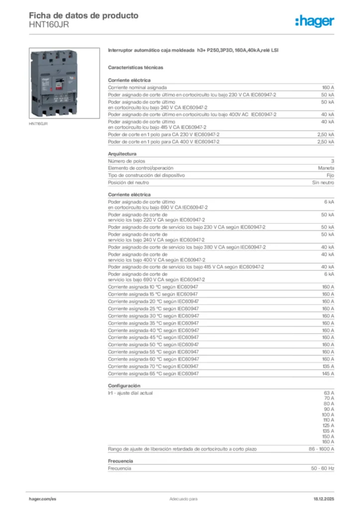 Imagen Hager Ficha de datos de producto HNT160JR | Hager España