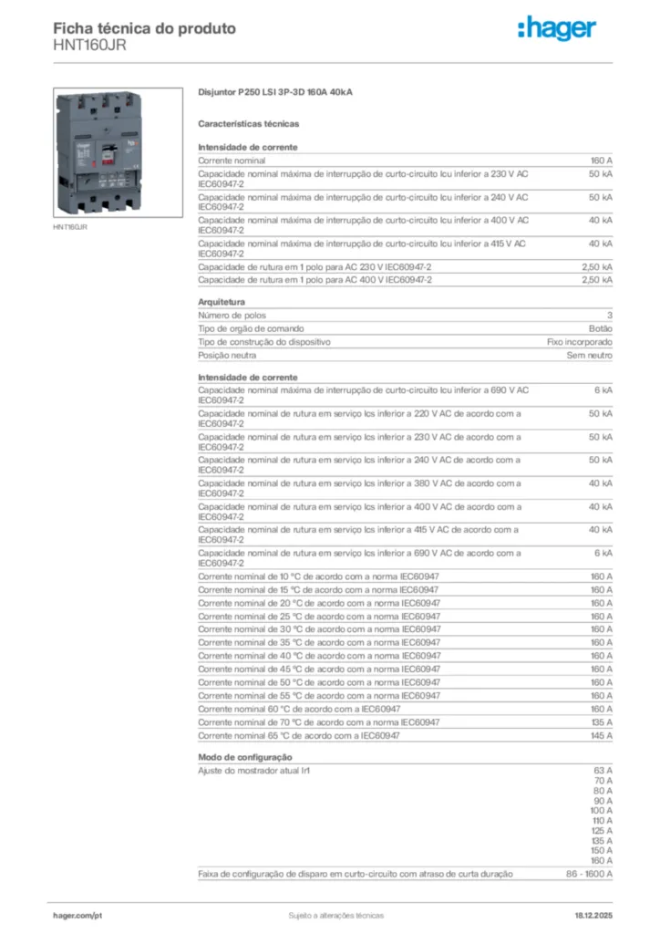 Imagem Hager Ficha técnica do produto HNT160JR | Hager Portugal