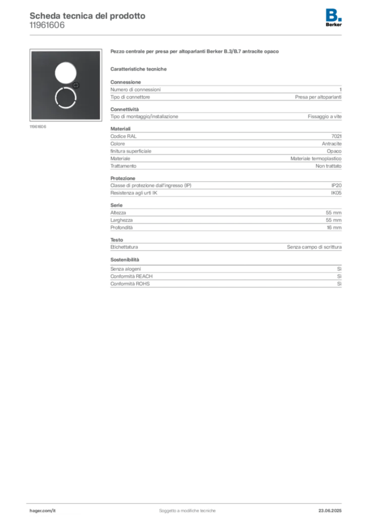 Immagine Berker Scheda tecnica del prodotto 11961606 | Hager Italia