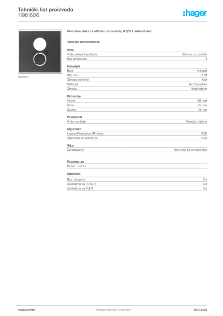 Slika Hager Product data sheet 11961606  | Hager