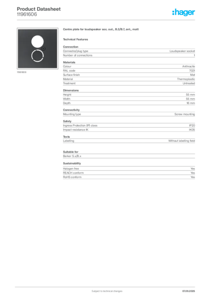 Image Hager Product data sheet 11961606  | Hager