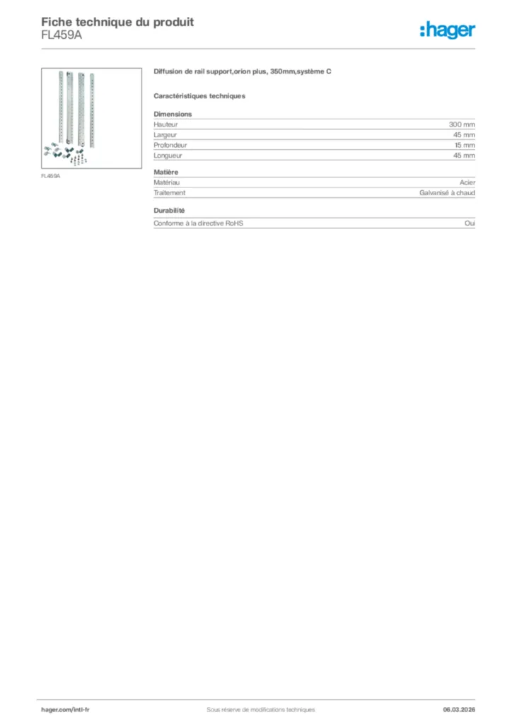 Image Hager Fiche technique du produit FL459A | Hager Afrique