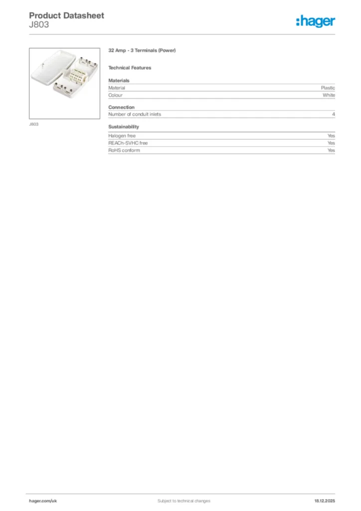Image Hager Product data sheet J803  | Hager