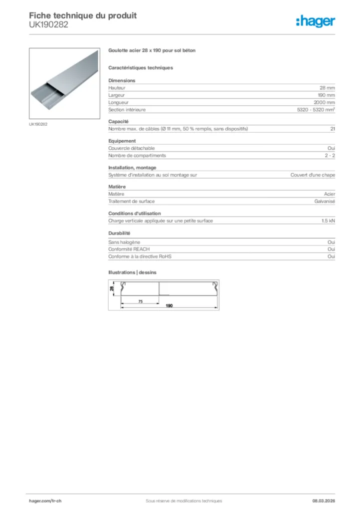 Image Hager Fiche technique du produit UK190282 | Hager Suisse