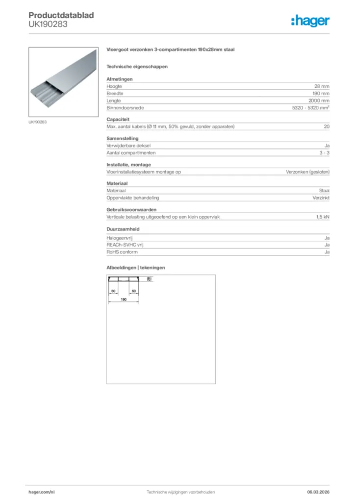 Afbeelding Hager Productdatablad UK190283 | Hager Nederland