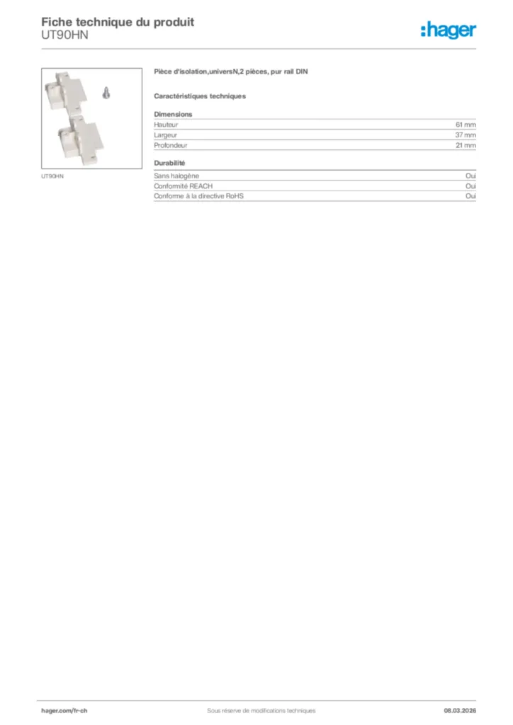 Image Hager Fiche technique du produit UT90HN | Hager Suisse