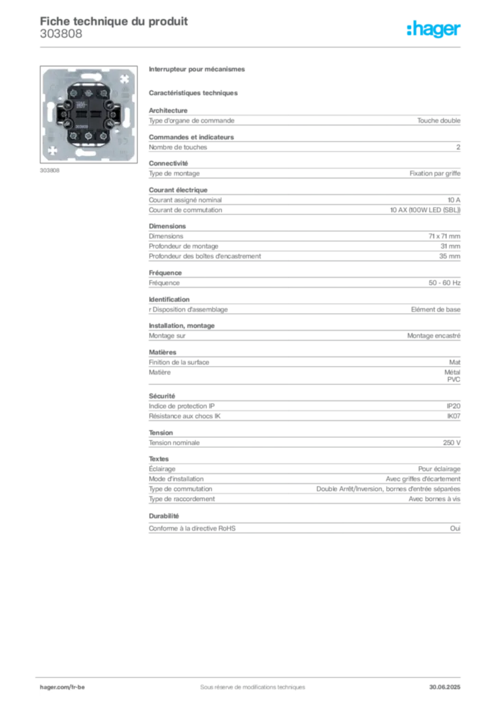 Image Hager Fiche technique du produit 303808 | Hager Belgique