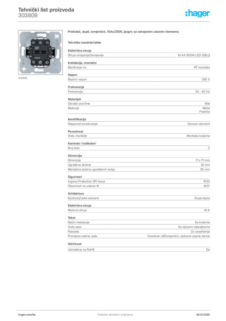 Slika Hager Product data sheet 303808  | Hager