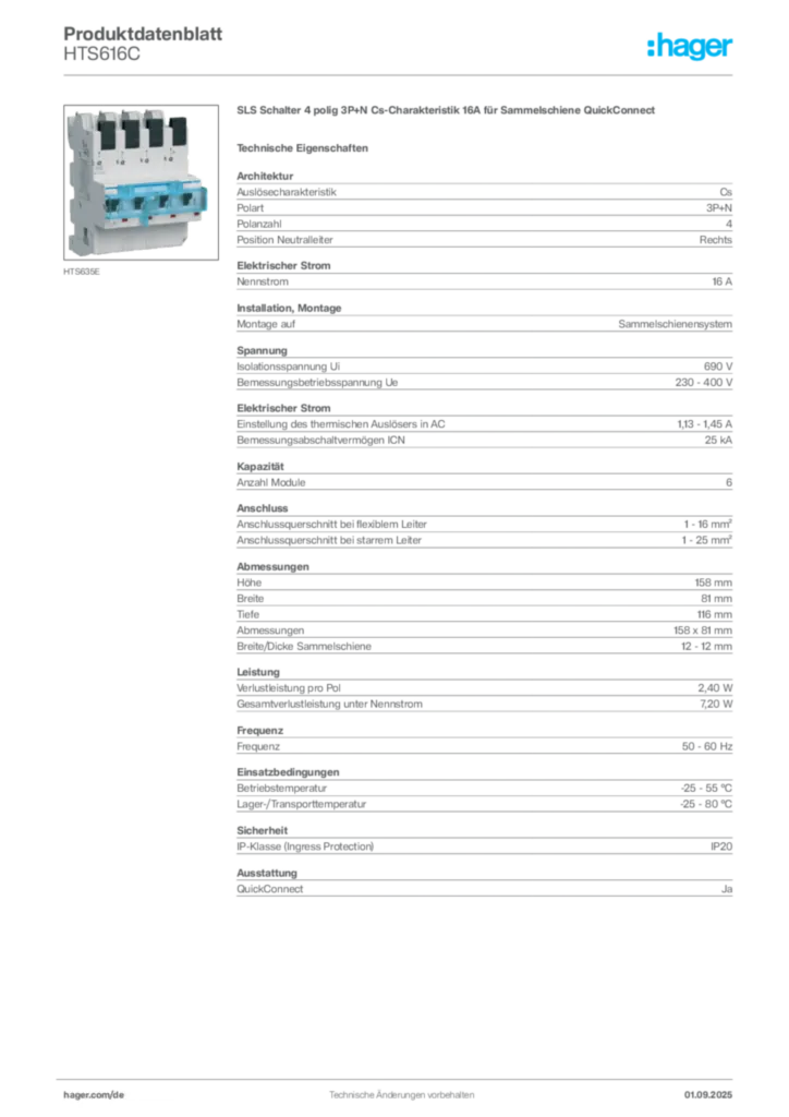 Bild Hager Produktdatenblatt HTS616C | Hager Deutschland