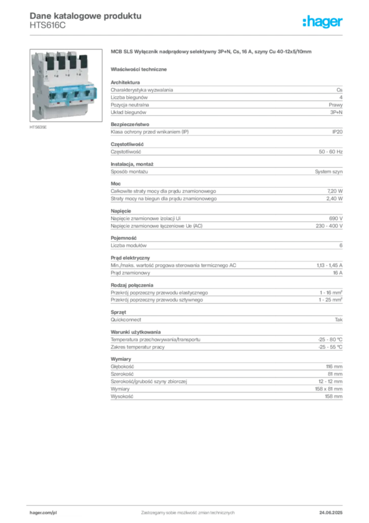 Zdjęcie Hager Karta katalogowa HTS616C | Hager Polska