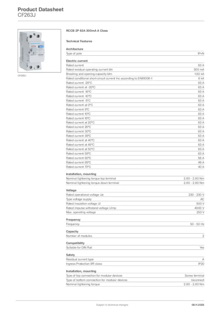 Image Hager Product data sheet CF263J  | Hager Africa