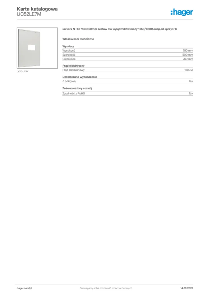 Zdjęcie Hager Karta katalogowa UC52LE7M | Hager Polska