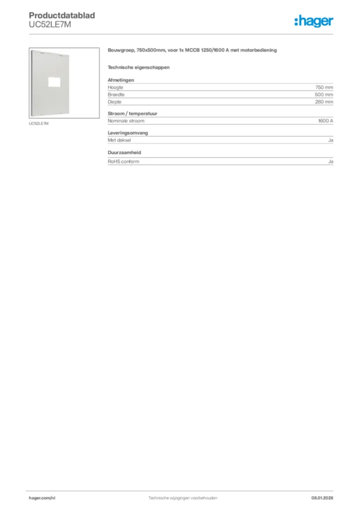 Afbeelding Hager Productdatablad UC52LE7M | Hager Nederland