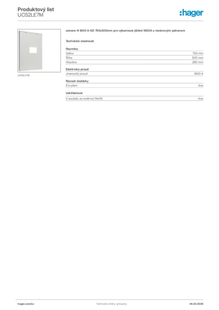 Obrázek Hager Product data sheet UC52LE7M | Hager