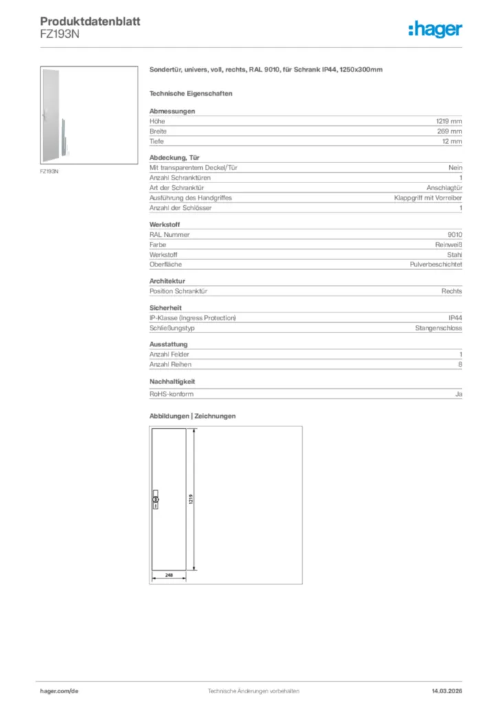 Bild Hager Produktdatenblatt FZ193N | Hager Deutschland