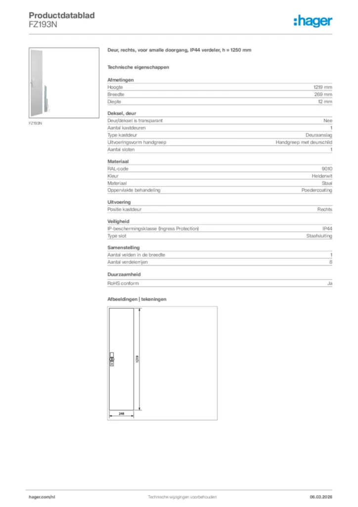 Afbeelding Hager Productdatablad FZ193N | Hager Nederland