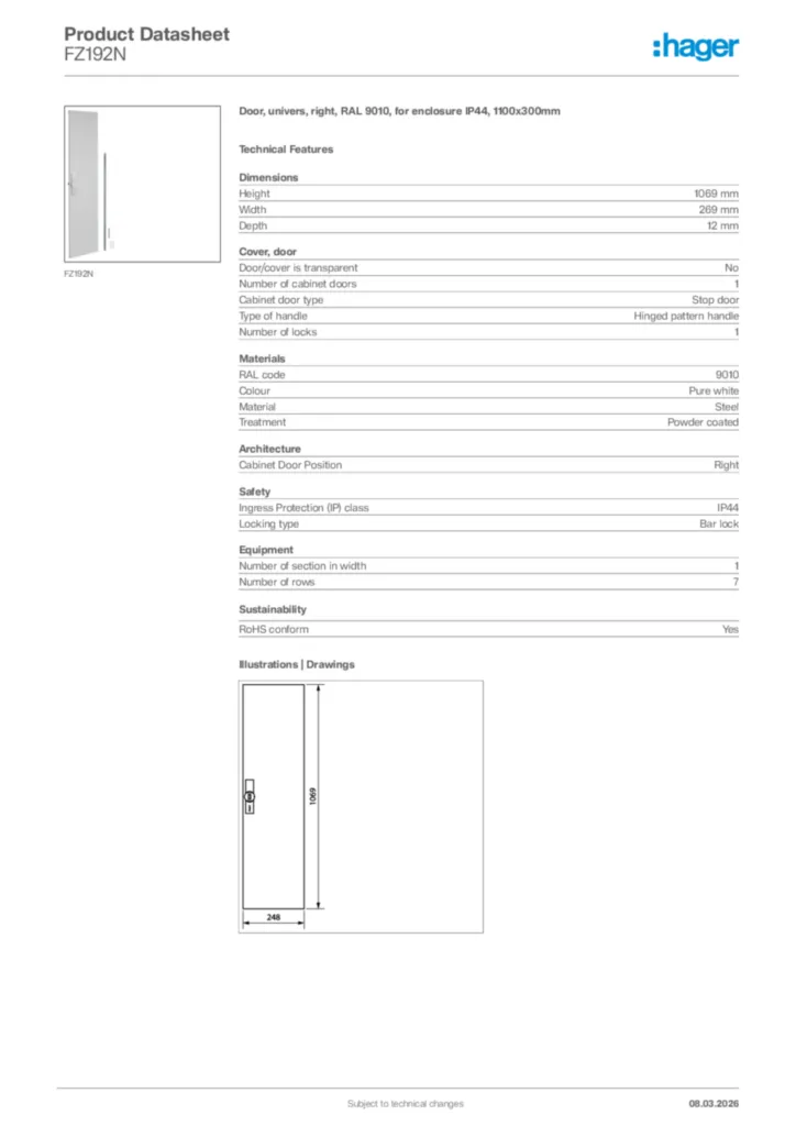 Image Hager Product data sheet FZ192N  | Hager Africa